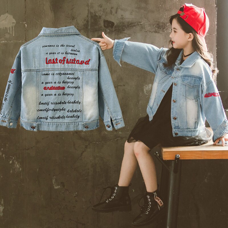 Dżinsowa kurtka dla dziewczyn 4-13 lat dzieci płaszcz dżinsowy wiosną i jesienią z powrotem haftowane litery kurtka dziewczyna płaszcze dziewczynka płaszcz