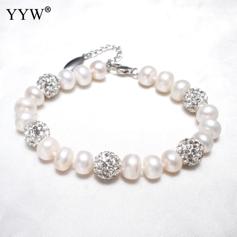 Frauen Süßwasser Perle Armbänder Karabinerverschluss Perle Armbinde Mit 5cm Verlängerung Kette Strass Abstandshalter Korn Weiß 8-9mm 7 Zoll