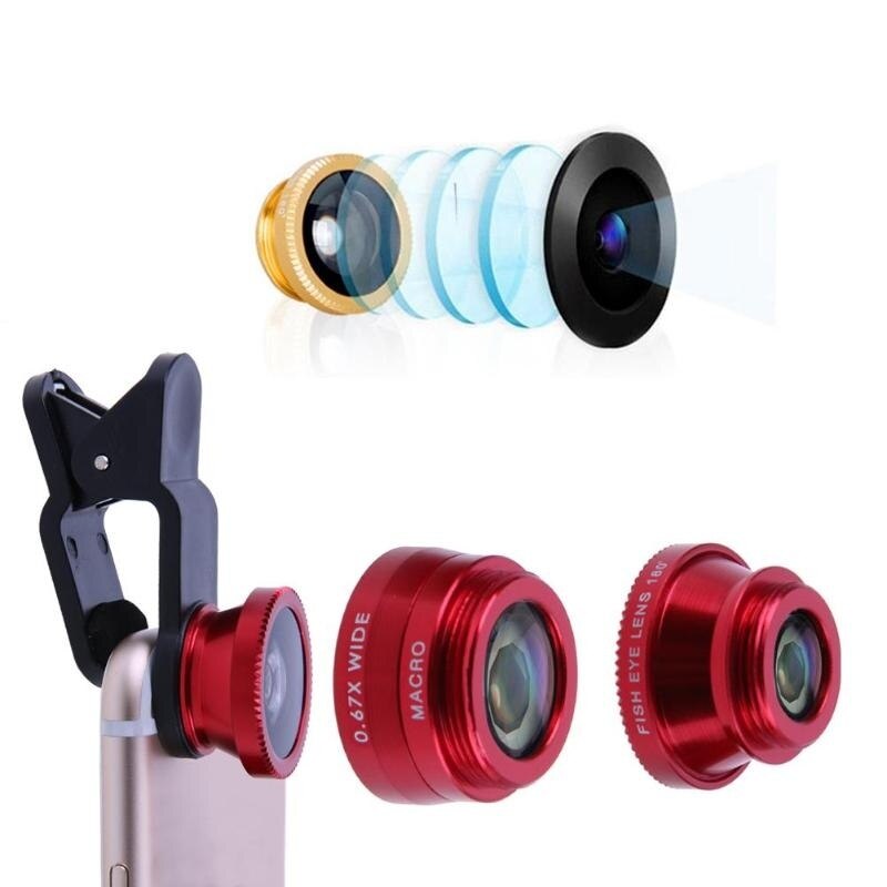 3 em 1 grande angular macro lente olho de peixe câmera kits universal smartphones fisheye lentes para iphone samsung huawei xiaomi oneplus: Red