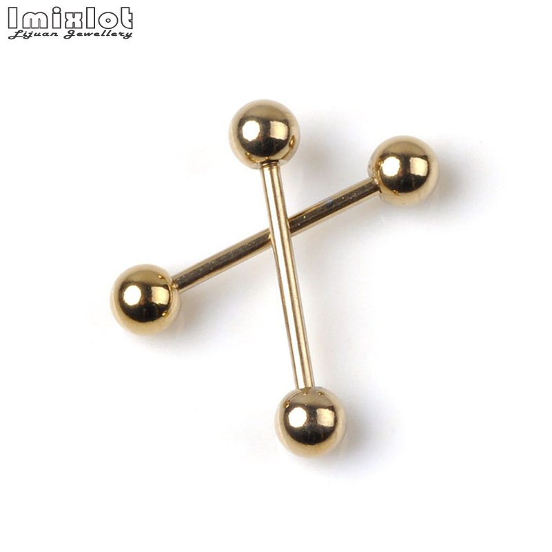 10 stks/partij Rvs Tong Ringen Stud Oor Piercing Sieraden Goud Kleur Barbell Oor Tragus Piercing Oorbel