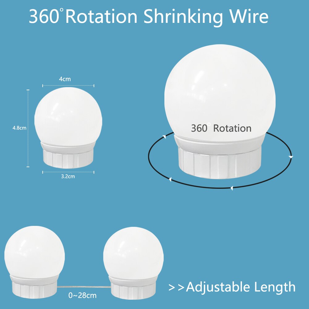 Kit d'éclairage pour coiffeuse avec 5v ampoules led pour miroir de maquillage hollywood, lampe murale à intensité variable en continu 10 6 14