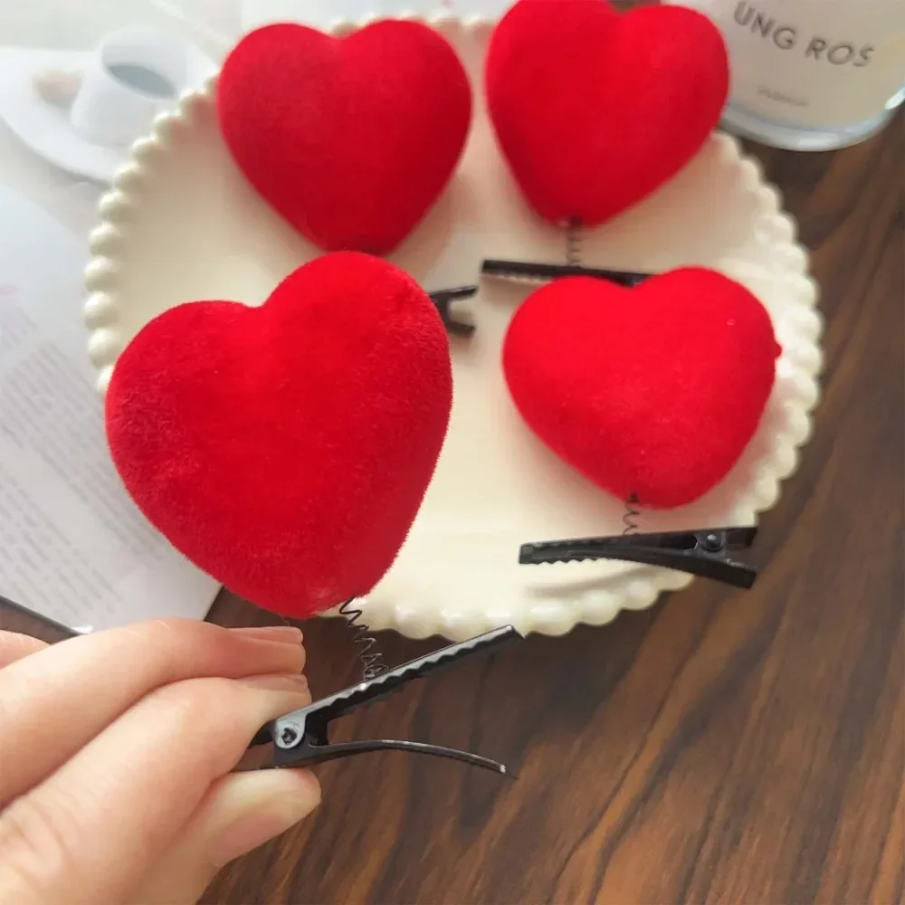 Pinzas para el cabello con forma de corazón rojo flocado, pinzas para el cabello con forma de corazón para bodas, horquilla de felpa, Clip de pico de pato a la , pasadores para el cabello para niños,