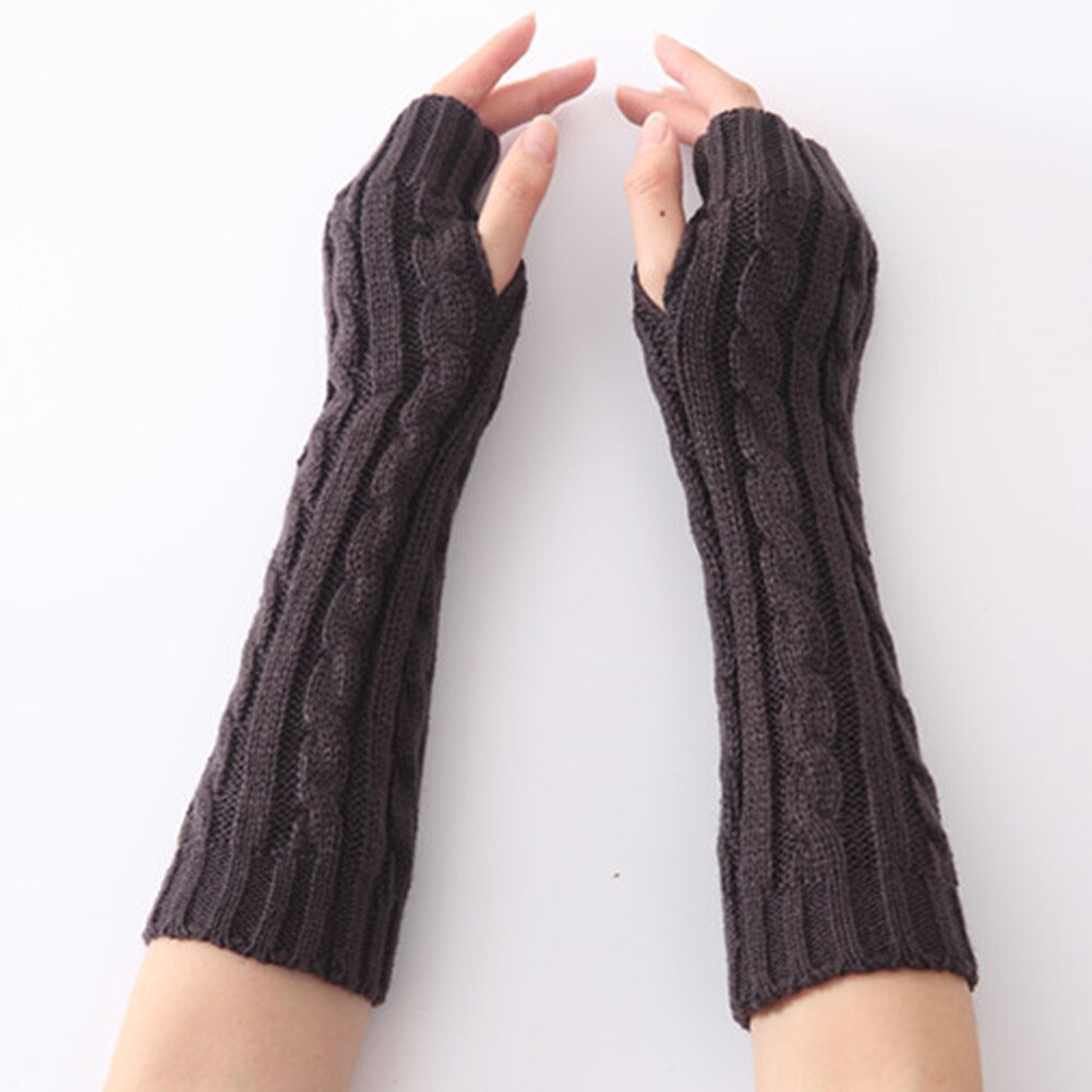 Kvinder vinter håndled arm strikkede lange fingerløse handsker vanter håndvarmer: Sort