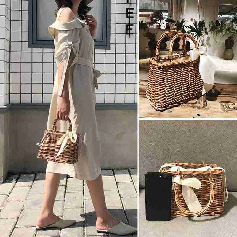 Fita palha saco verão mini artesanal rattan vime lazer satchel férias bolsa de viagem das senhoras mão o1n9
