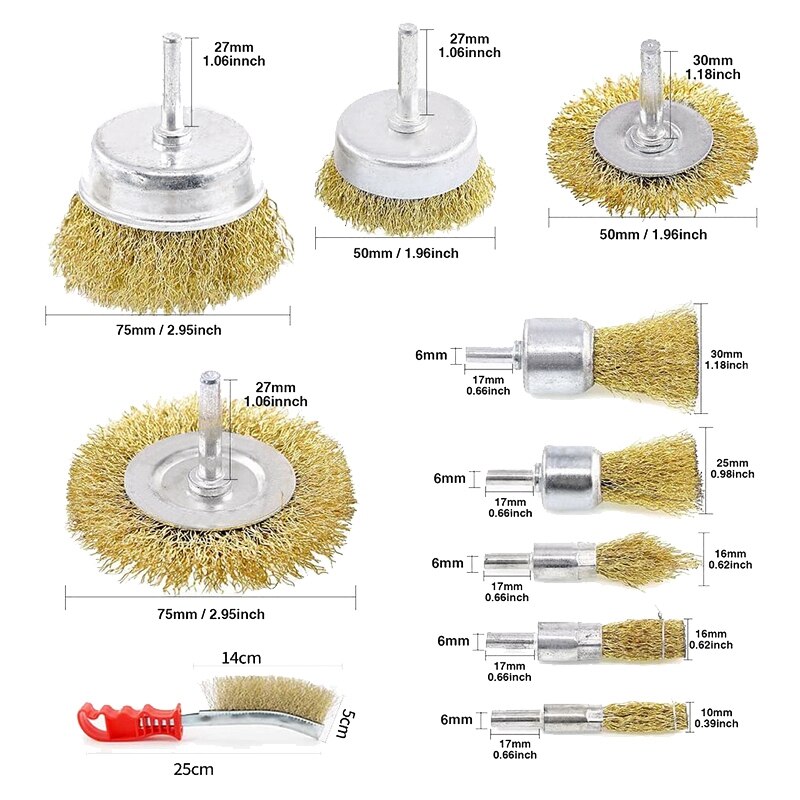 10 Pcs Wire Brush Set, Brass Coated Wire Brushes for Drill Paint Stripper Rust Remover Wire Wheel and Cup Brush Set