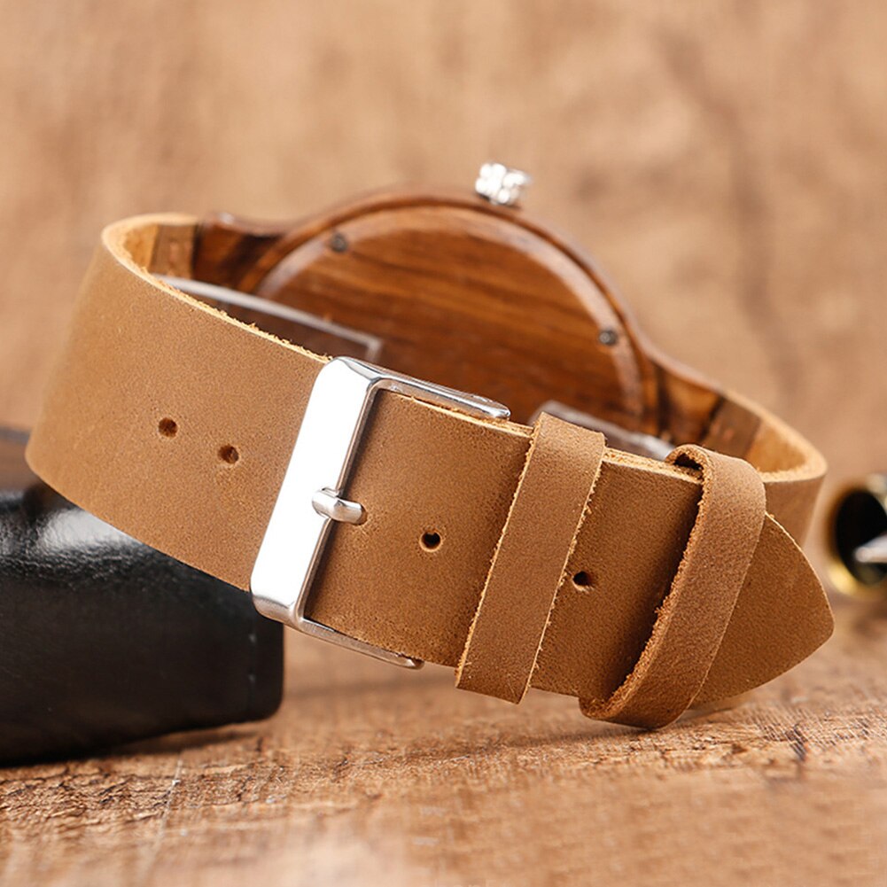 Unisex houten ronde wijzerplaat, kunstleren band, geen nummer, analoog quartz polshorloge, quartz horloges in hout, klok, paarhorloge