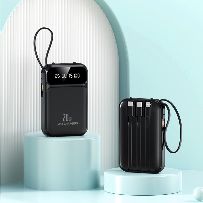 4-In-1 Power Bank 20000mah Built-In Cable 20W Fast Charging Powerbank Waterproof Portable Mobile Phone External Battery Charger: black / 5000mAh