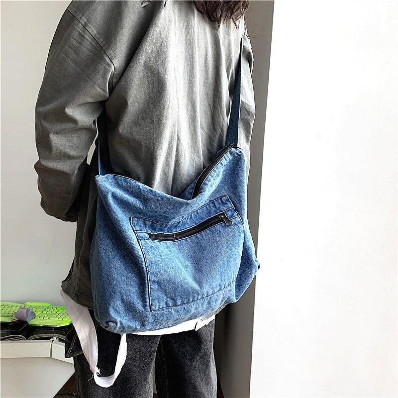 Student Casual Daily Jeans Shoulder Bag Female Teenager High Street Tide Denim Fabric Big Capacity Crossbody Messenger Bag: Blue