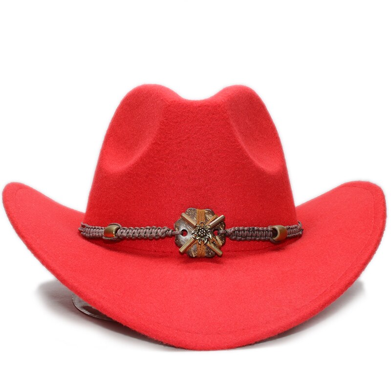 Sombrero de vaquero de ala ancha para hombre y mujer, gorro de lana de estilo Vintage, estilo occidental, Formal, con lazo, banda de cuentas de punto de madera, 61cm, talla grande: Rojo