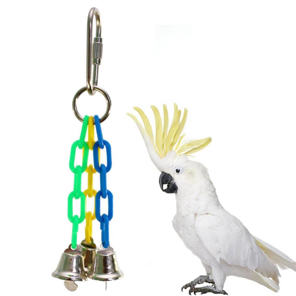 Uccello pappagallo moda blu verde giallo decorazioni ciondolo legno 3 campana catena molare macinazione zampa giocattolo da masticare decorazione gabbia