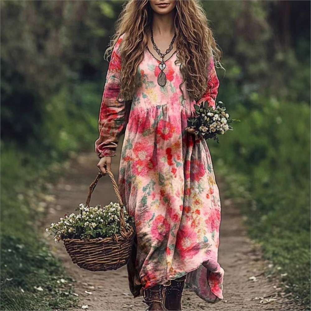 Casual Women's Printed Dress Spring Round Neck Long Sleeved Loose Geometric Pattern Printed Large Swing Dress For Women