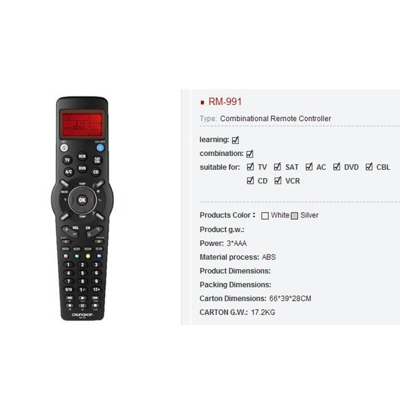 CHUNGHOP RM991 Smart Universal Remote Control Multifunctional Learning Remote Control for TV/TXT,DVD CD,VCR,SAT/CABLE and A/