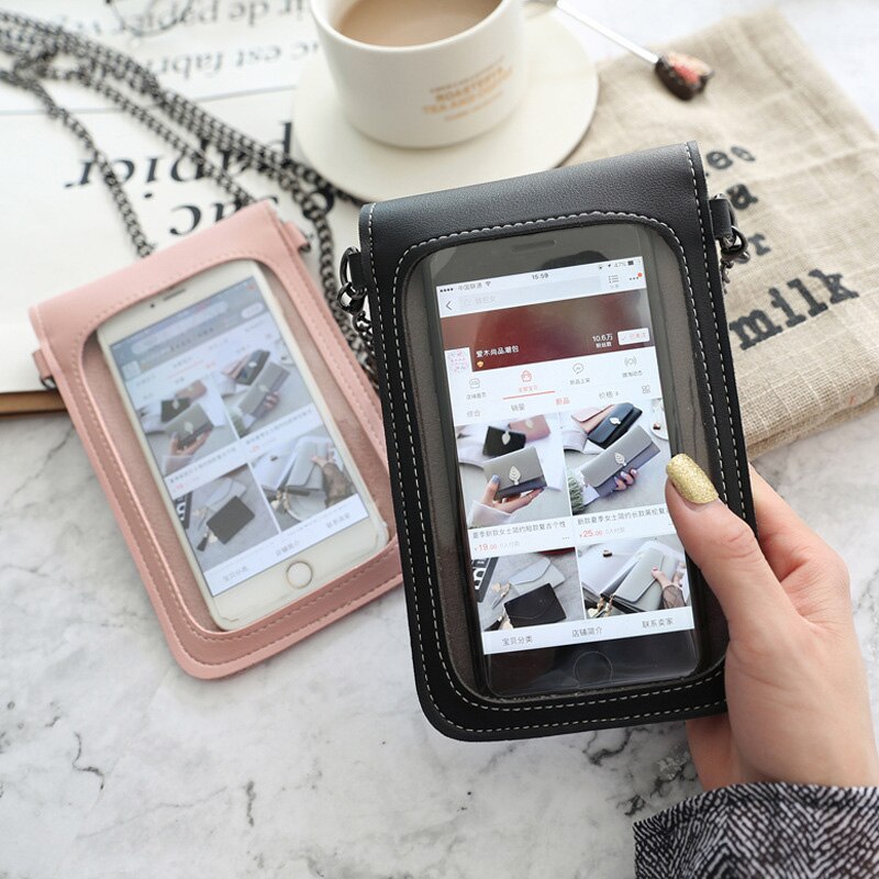 Touch Screen Transparent Cell Phone Purse Women Girls Small Leather Cross Body Handbag Mini Shoulder Bag Card Coin Wallet