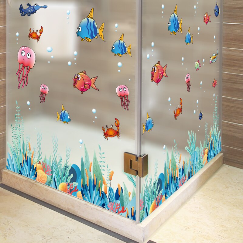 [Shijuekongjian] pegatinas de pared de peces de dibujos animados DIY, calcomanías de Mural de plantas de algas marinas para habitación de niños, dormitorio de bebé, decoración de casa de baño