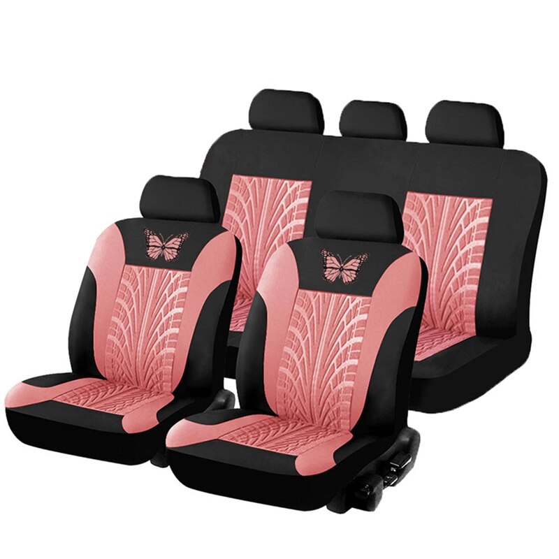 Car Seat Cover Set Butterfly-Pattern Universal Car Seat Cover Full Set Auto Seat Cover Car Styling Interior Accessories: Pink 9pcs