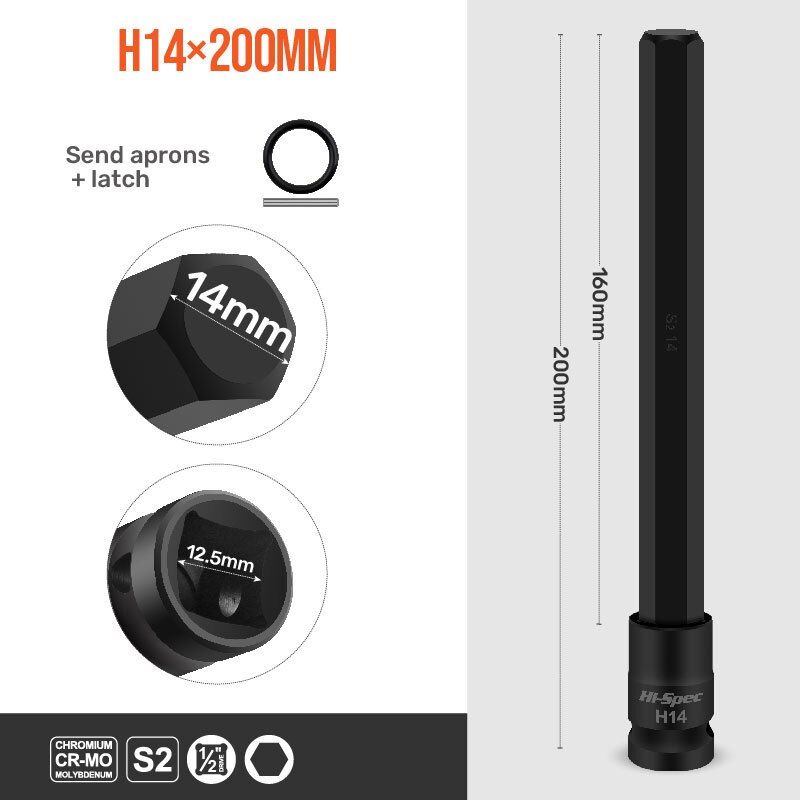 Hi-Spec 200MM Extended Socket Sets 1/9pc Hexagon Socket Length Adapter 1/2" CR-MO Hex Head Screwdriver Bits H4-H19 With Magnetic: H14