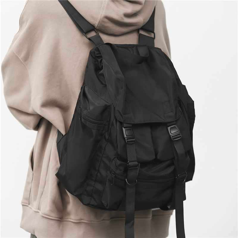 Sacs à dos noirs solides pour hommes, Style Streetwear Cool, Harajuku, grande capacité, sacs d&#39;école imperméables en Nylon pour hommes