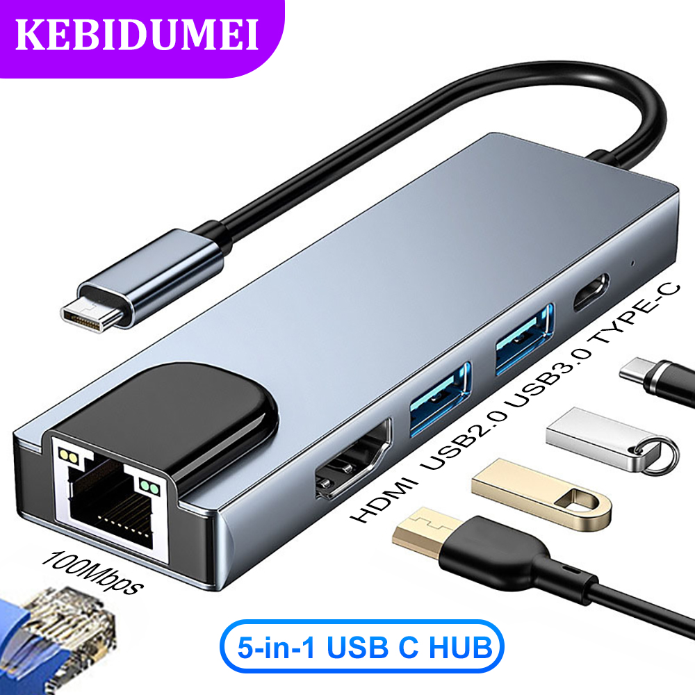 5-portowa stacja dokująca USB C typu C do HDMI 4K/RJ45 100M Rozdzielacz USB 3.0 5 Gb/s Szybki adapter USB C HUB do laptopa Macbook: Black