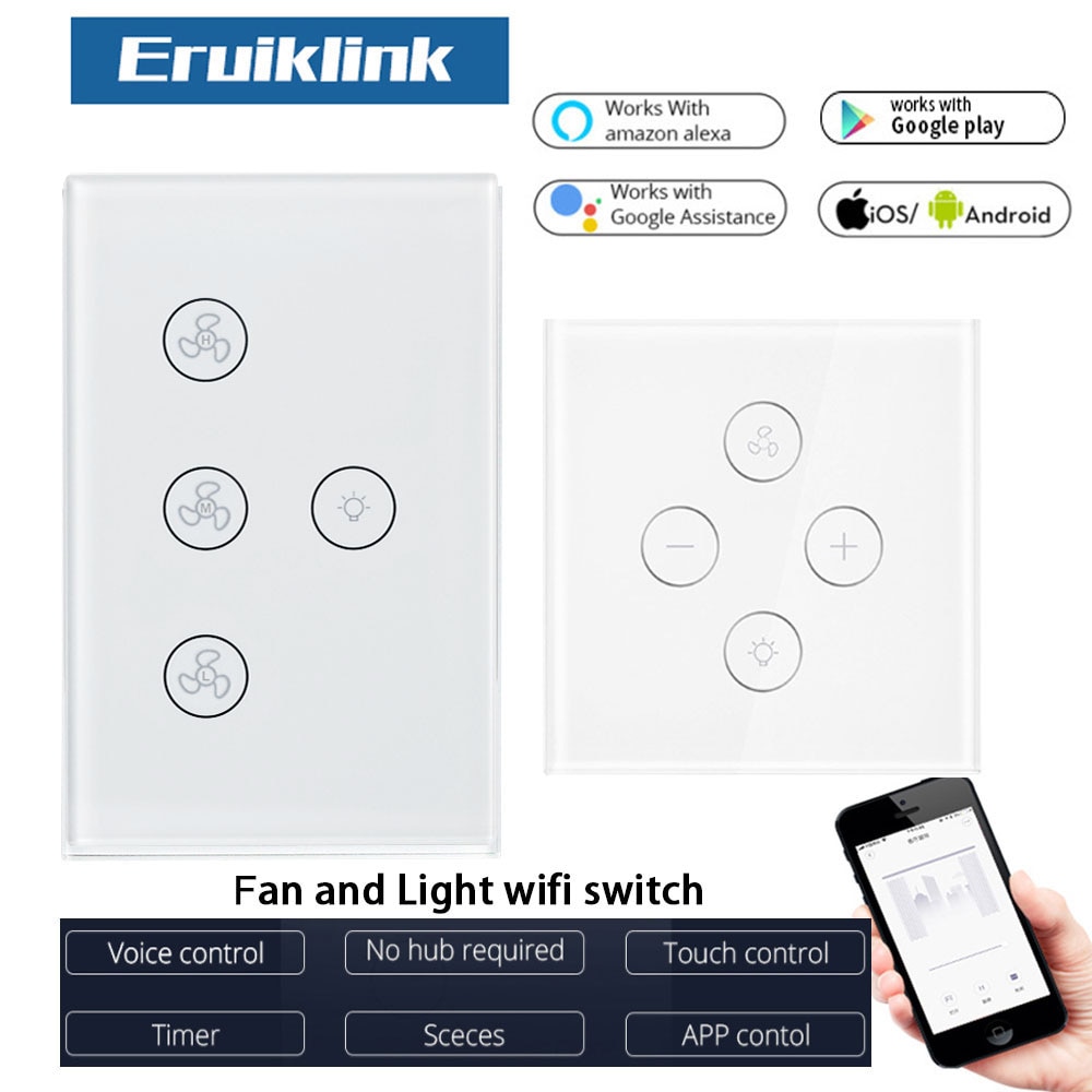 WiFi Smart Ceiling Fan Light Switch EU US Touch Panel Tuya APP Remote Timer and Speed Control Works with Alexa and Google Home