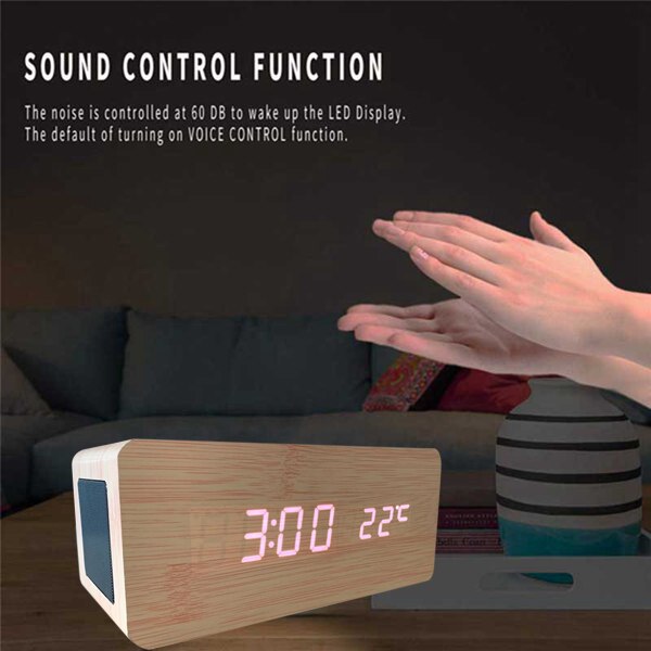 Bamboo Wooden Alarm Clock with Bluetooth Speaker Voice Control LED Digital Clock Wireless Charging Phone Wood Temperature Table