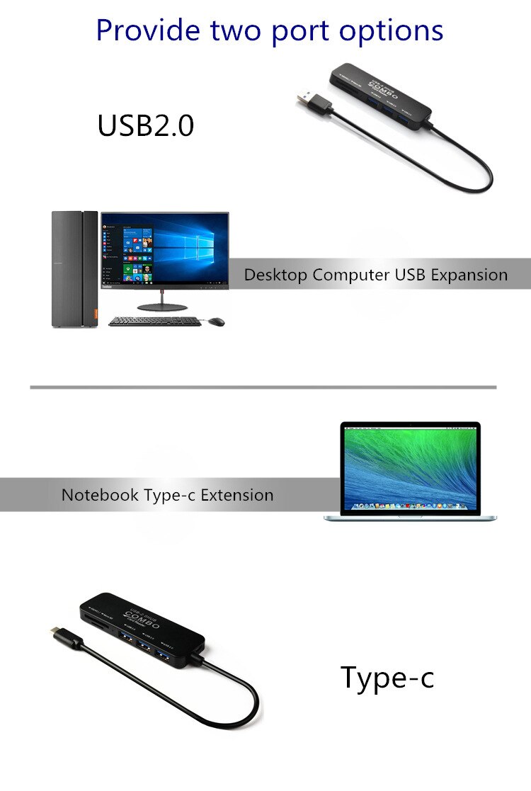 Usb Combo Hub Kaartlezer Draagbare 3 Poorten USB3.0 Divider Gecombineerd All In One Voor Sd Tf Voor Laptop Pc computer Mini Usb Hub