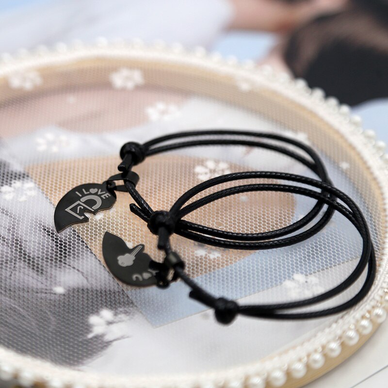 2 stks/set, Paar Armbanden voor Vrouwen en Mannen Zwart Roestvrij Staal Hart Twee Helften Gekoppeld Armband Mode-sieraden