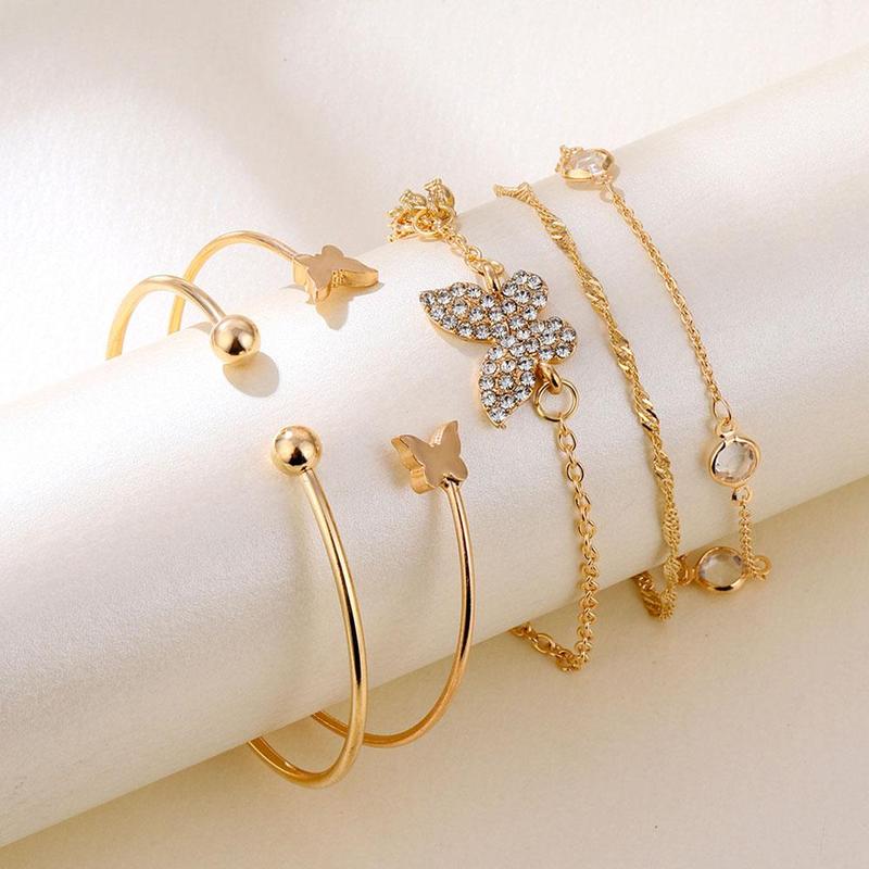 Butterfly Bracelets Female Accessories 5pcs/set Bohemian Elegance Sweet Rhinestone Gold Open Bracelets