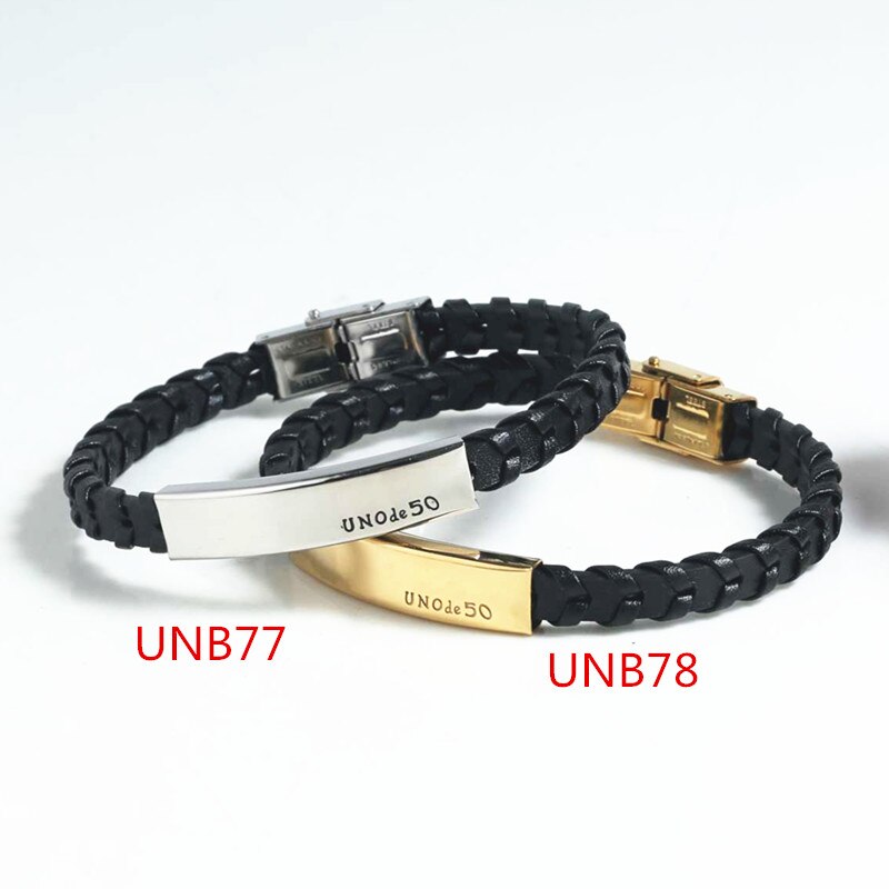 Vrouwen Mannen Zilveren Kleur Goud Rvs Weave Vierkante Uno De 50 Lock Key Zwart Lederen Armband sieraden: UNB78 Gold