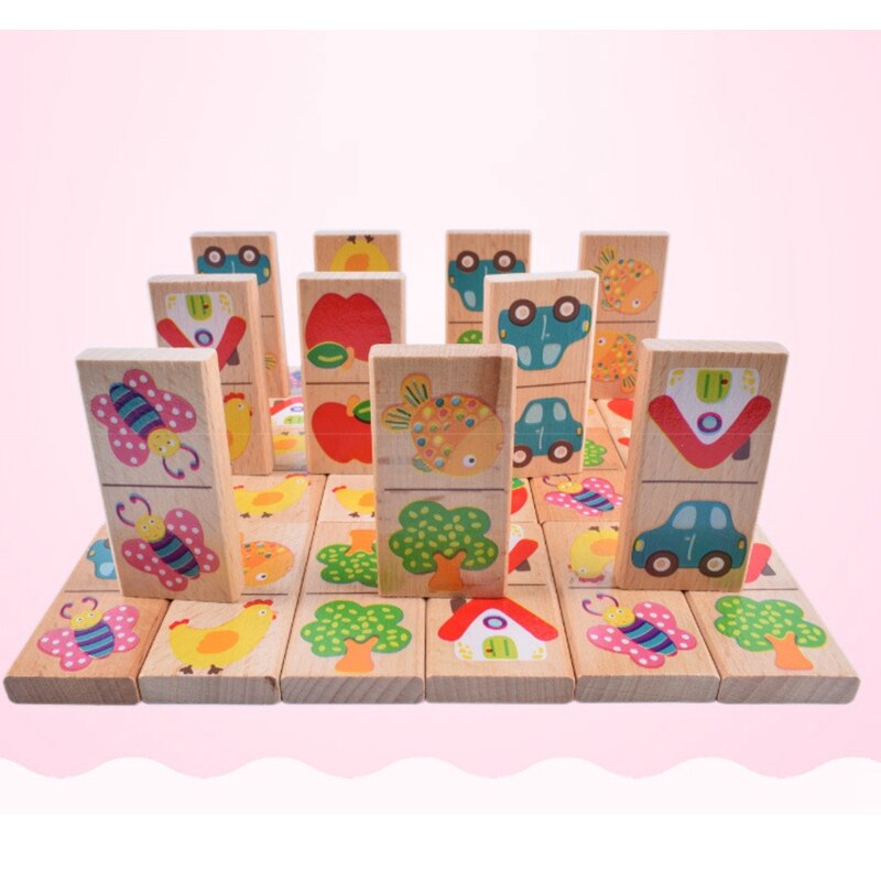 28 pièces bébé en bois Domino bloc jouets dessin animé jardin Animal véhicule fruits Domino blocs jouets éducatifs jeu de correspondance