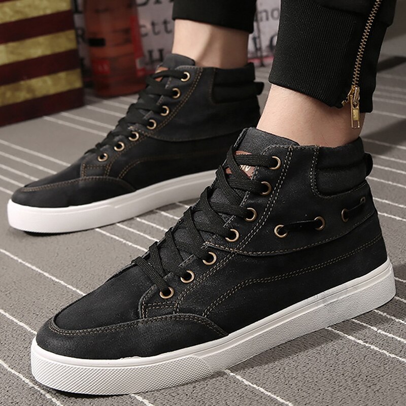 Shoes men casual wear resistant shoes denim high top sneakers for boys lace-up