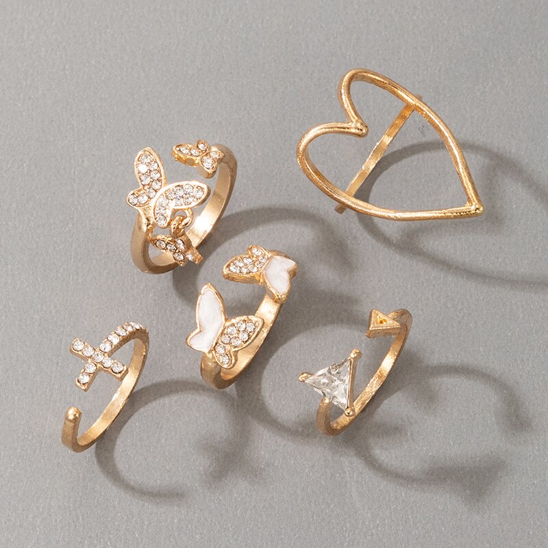 Docona 5 unids/set mariposa abierto conjuntos de anillos para dedos para las mujeres geométricos irregulares amor anillos de cristal mujer joyería