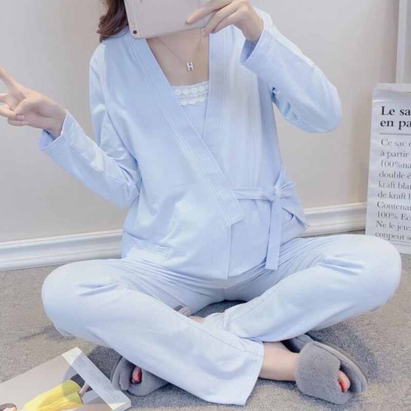 Verpleging Zwangere Vrouwen Katoenen Pyjama Zomer Lange mouwen Grote driedelig Pak A053
