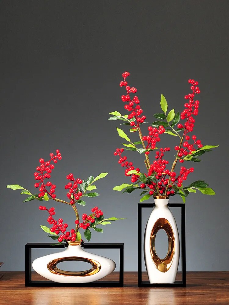 Florero de cerámica de estilo chino, marco de madera Retro calado, arreglo floral moderno para el hogar, jarrones de decoración