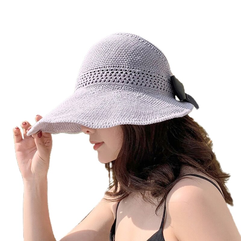 Visera de malla tejida para mujer, gorro de playa con lazo, Top abierto enrollable, ala ancha empaquetable, sombrero de protección solar UV de viaje para verano: Gray