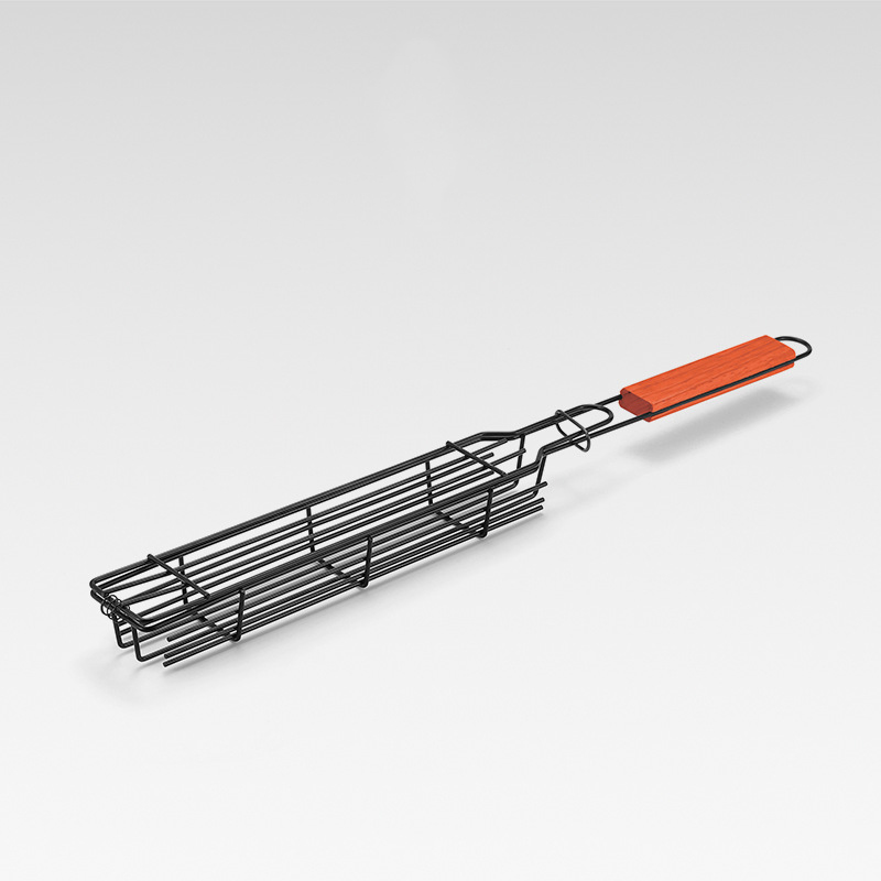 Wooden Handle Barbecue Cage Grill Net Portable Non-stick Barbecue Accessories Camping Charcoal Grill BBQ Grill Outdoor Stove: Red