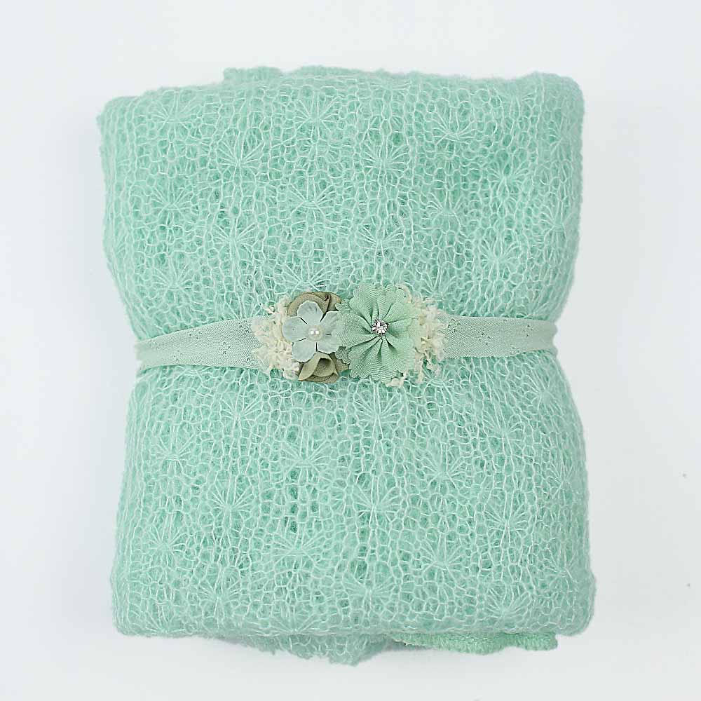 40x150 cm mohair knit Photo elastische Wrap + hoofdband set Pasgeboren Fotografie Props Doek Voor baby Accessoires haarbanden: AQUA