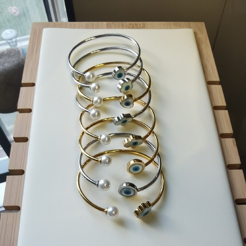 Lucky eye tyrkisk onde øje charme armbånd guld og sølv farve manchet justerbare stål smykker hamsa hånd/kløver/ hjerte