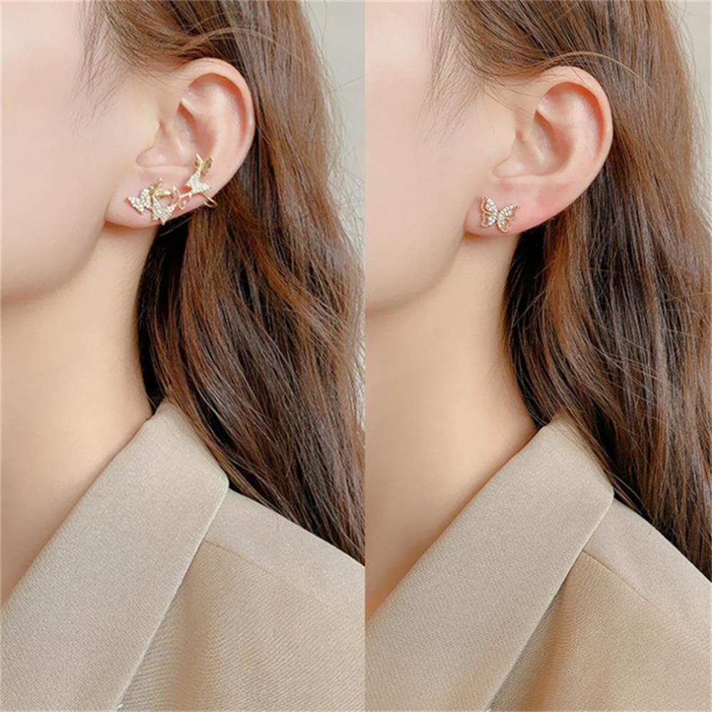 1 Paar Volledige Boor Asymmetrische Vlinder Oorbellen Hollow Golden Ferry Vlinder Crystal Ear Bone Clip Voor Vrouwen Sieraden
