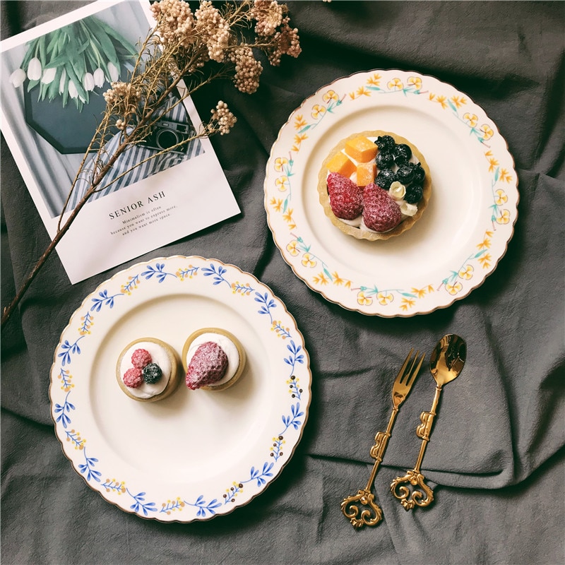 1 st servis målning guldinlägg vintage färgglad blommig 8 tums keramisk tallrik middag porslinstårta snack dessert tallrik