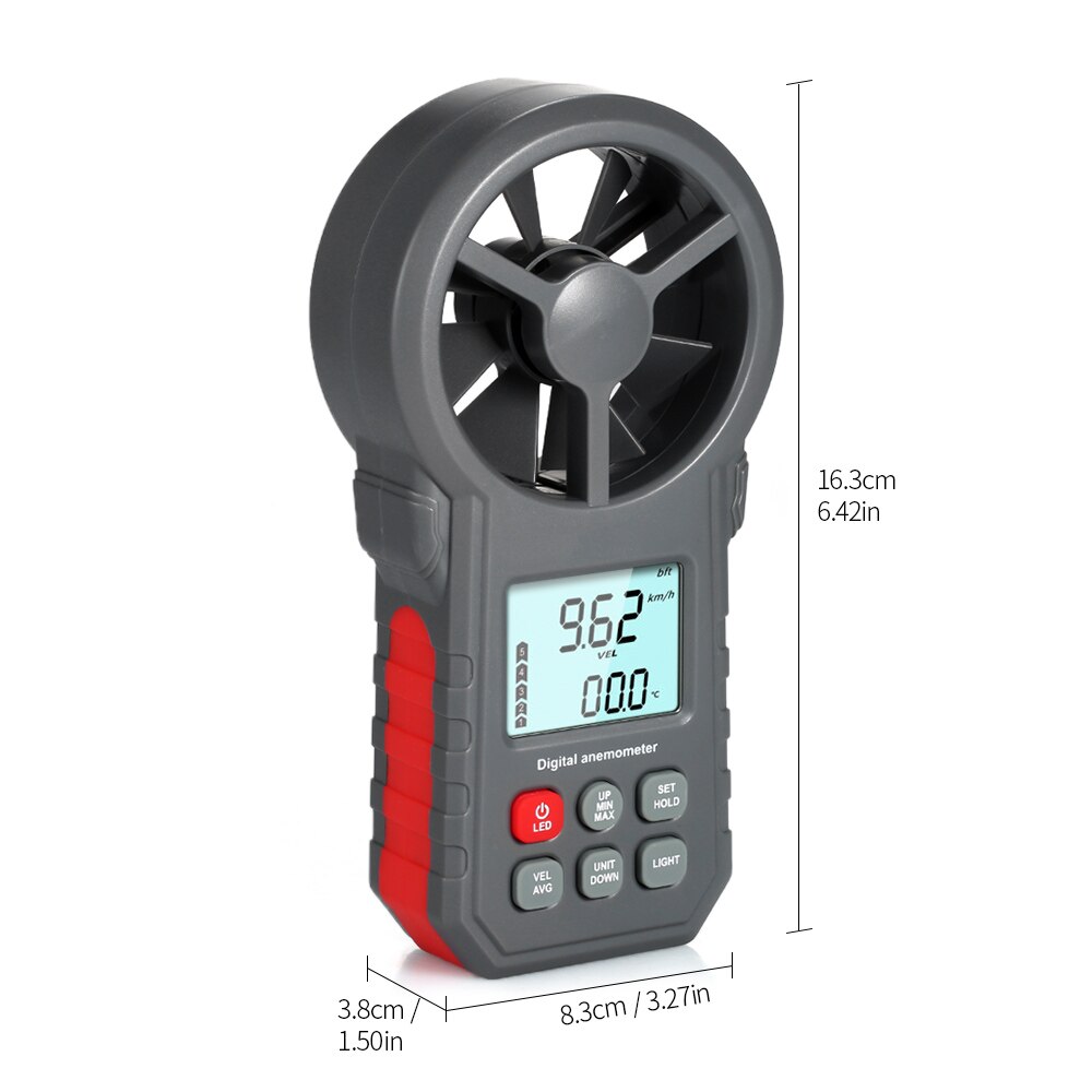 Digital Anemometer Wind Speed Meter Wind Speed/Air Velocity/Air Temperature Test Tool Gauges with Flashlight