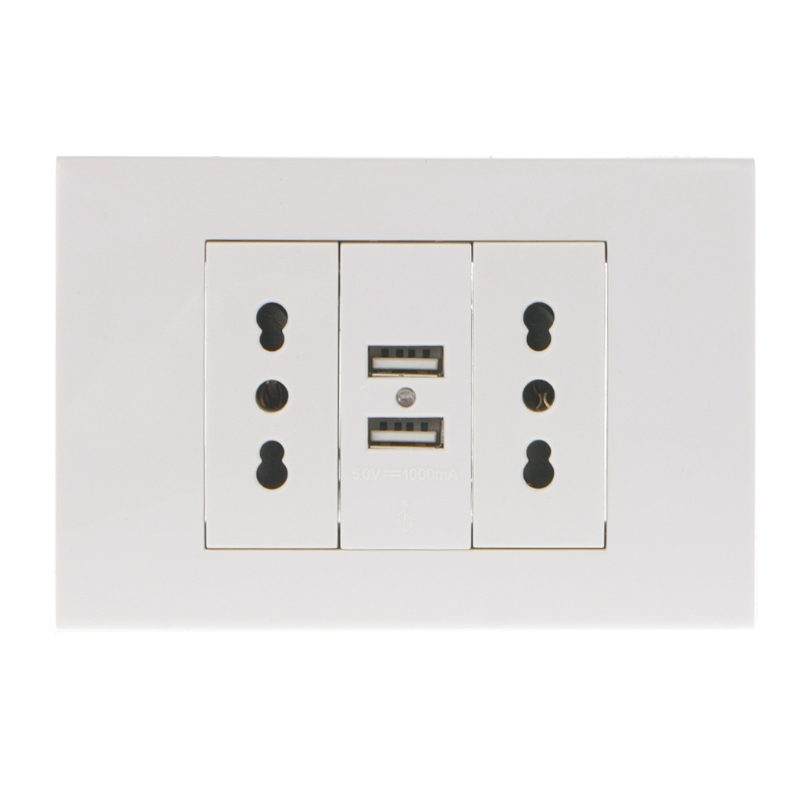 16A WallDouble Italian/Chile Plug Power Socket Adapter Dual USB Ports Panel 5V 1A