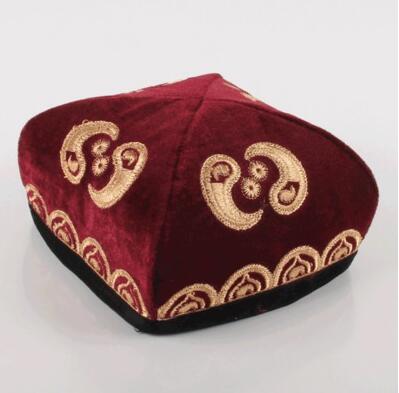 Tetagon-Sombrero de flores Uygur Doppa musulmán para hombre, Gorra con estampado de bordado plegable tradicional de Xinjiang, Doppa de cuatro almendros para escenario: Wine Red