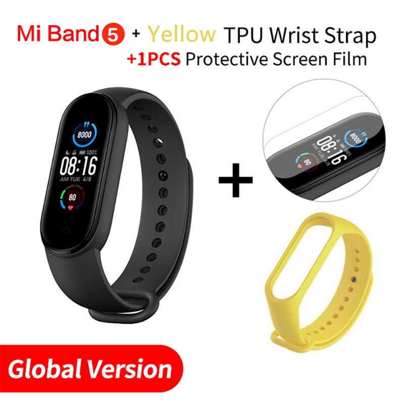 Original Xiaomi Mi Band 5 Global Version Smart Miband5 Bracelet Sport Heart Rate Fitness Tracker Bluetooth Waterproof BT5.0: Add Yellow Strap