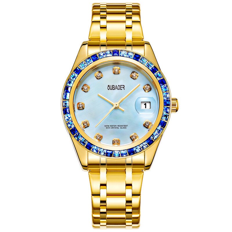 Relogios Femininos Oubaoer Top Luxe Kalender Quartz-Horloge Dames Horloges Vrouwen Rvs Strass Horloges Vrouwen: gold blue 093A
