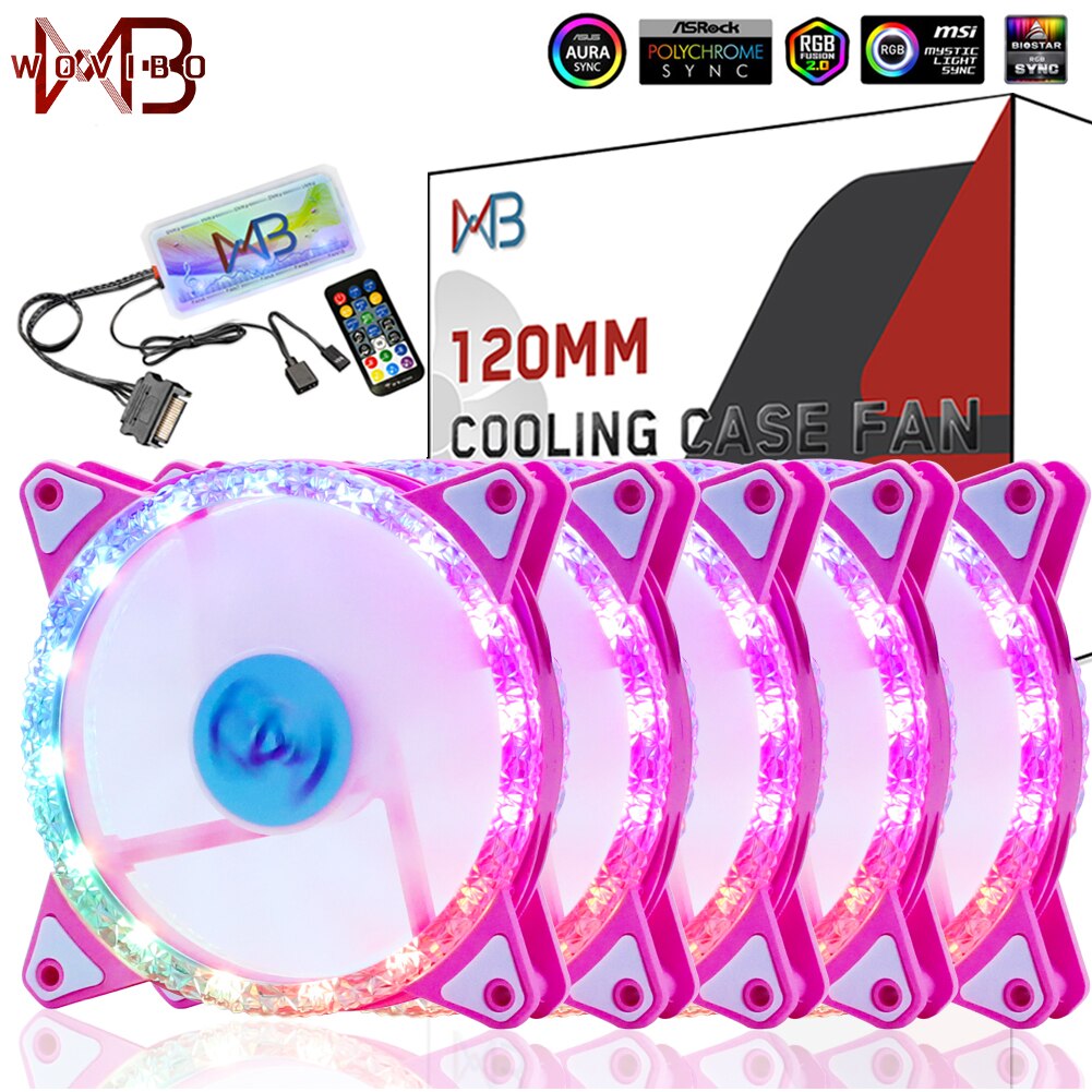 Wovibo-Ventilador silencioso con carcasa LED RGB , Enfriador de CPU de 120mm, Aura Sync, 12V, PWM, 6 pines, Diamante rosa
