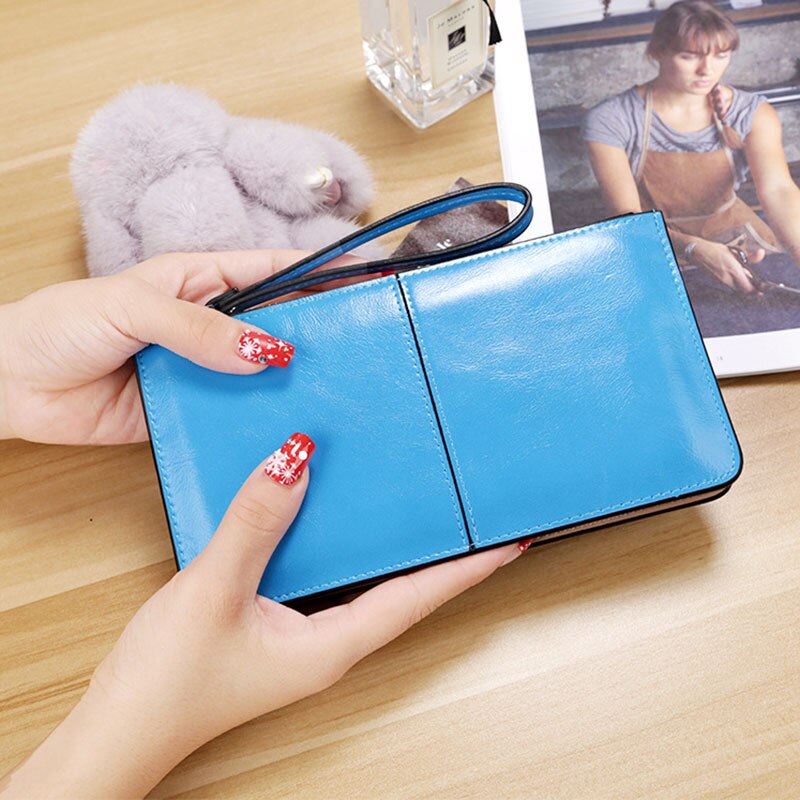 Cartera de piel aceitado de caramelo para mujer de largo, bolso de mano de día para mujer, monedero de señora, bolso de mano Carteira: J Blue