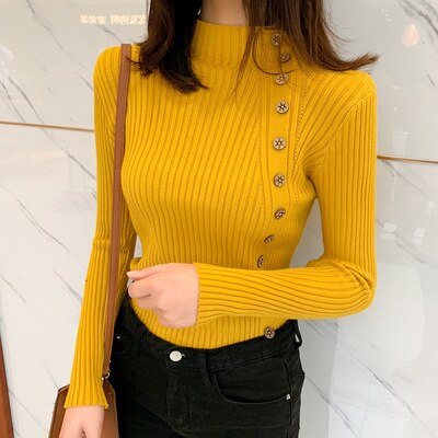 Autumn Ribbed Button Women Sweater Pullovers Cotton Long Sleeve Turtleneck Pullovers Jumpers Spring Soft Comfortable Basic Tops: Yellow