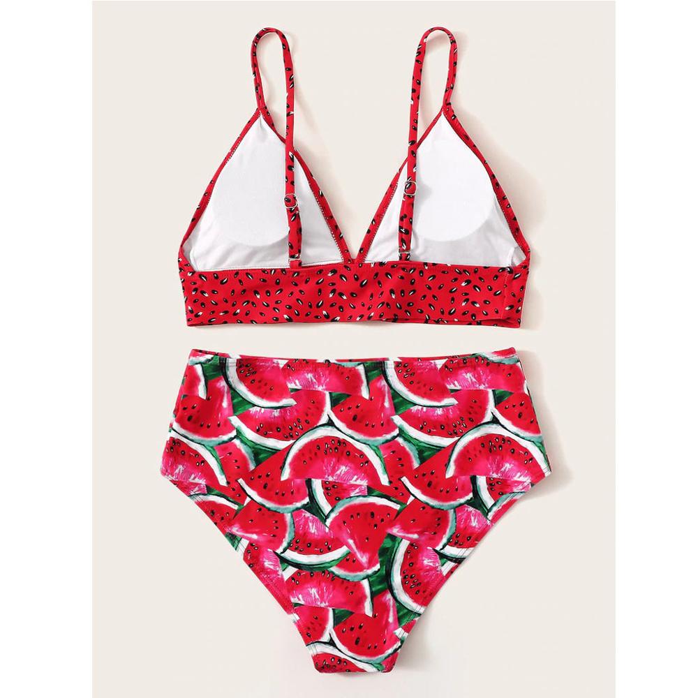 Traje de baño de dos piezas con estampado de sandía y frutas para mujer, traje de baño con efecto push-up para