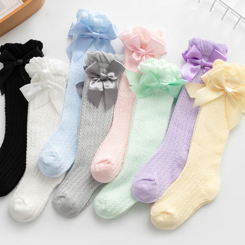 Calzini per neonato estivi calzini per bambini in cotone morbido al ginocchio calze a rete Bowknot calze per neonati traspiranti calze lunghe rosa bianco