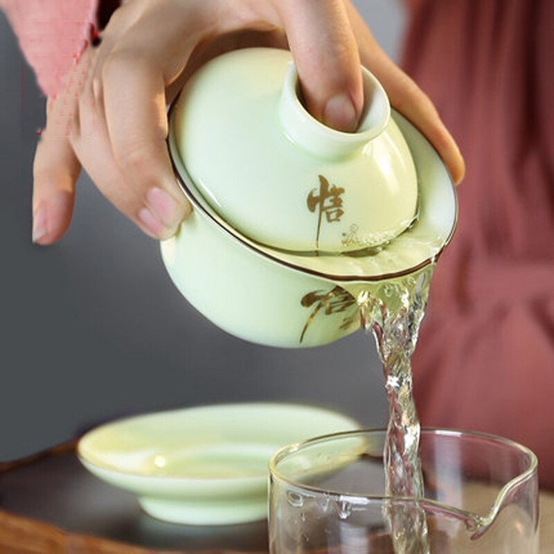 Chinese Teaset Gaiwan Tea Cups Celadon Ceramics 150ml Lid Bowl Saucer Traditional Handmade Tea Brew Tea Cup Teaware